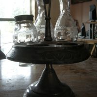 silverplate lazy susan with 2 glass bottles